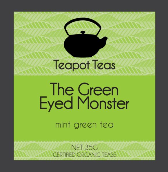 the green eyed monster_mint green tea_teapot teas_lable